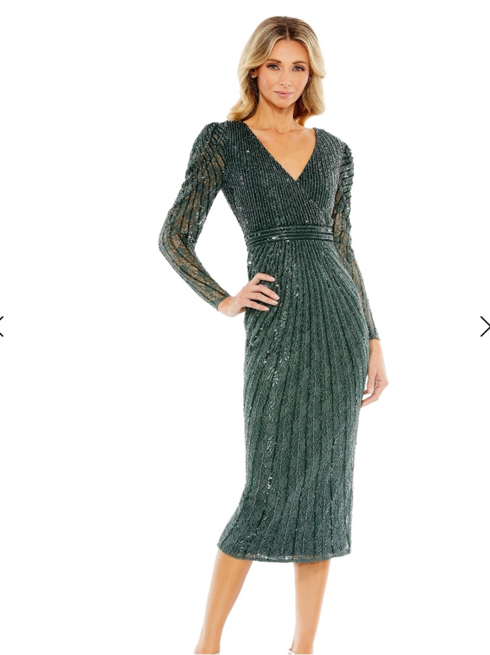 Mac Duggal 93676 Forest Green Sequin V-Neck Midi Dress Size 4 NWT